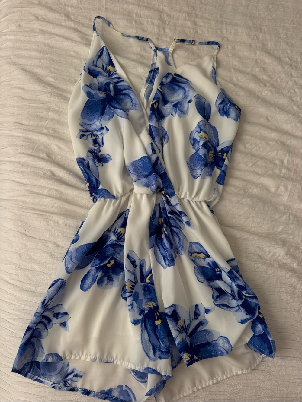 White & Blue Floral V Neck Romper